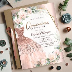 Elegant Rose Gold Glitter Dress Roses Quinceañera