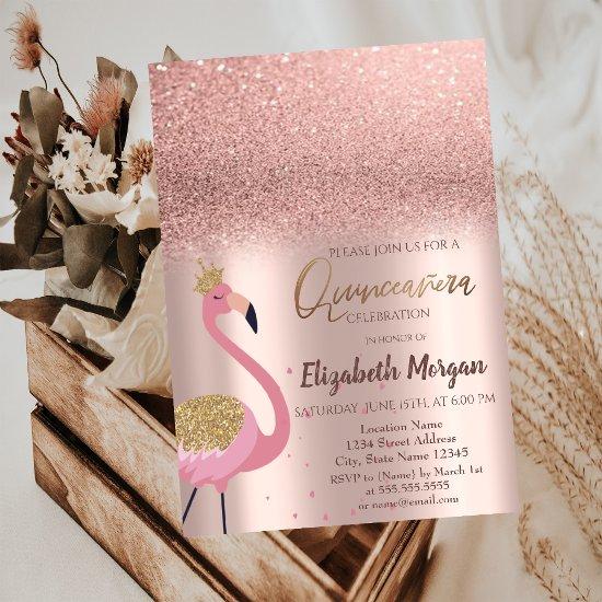 Elegant Rose Gold Glitter, Flamingo Quinceañera In