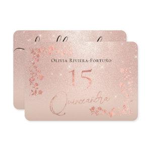 Elegant Rose Gold Glitter Foil Floral Quinceanera RSVP Card