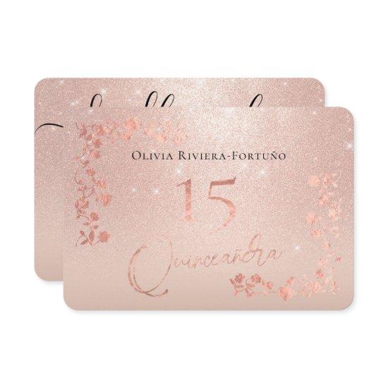 Elegant Rose Gold Glitter Foil Floral Quinceanera RSVP Card