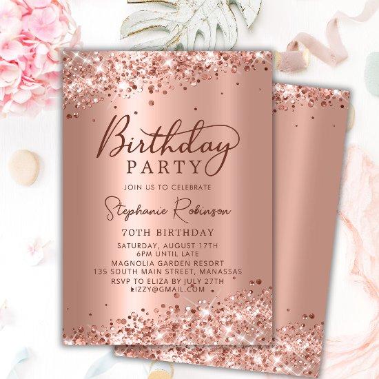 Elegant Rose Gold Glitter Metal Foil 70th Birthday