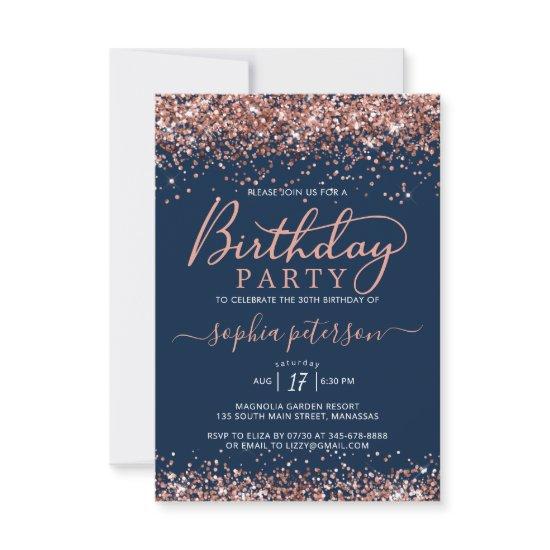 Elegant Rose Gold Glitter Navy Any Age Birthday