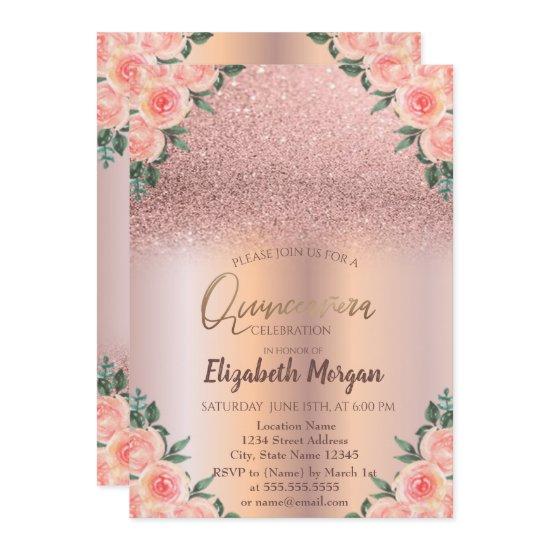 Elegant Rose Gold Ombre Floral Quinceañera