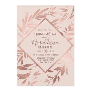 Elegant Rose Gold Pink Floral Leaves Quinceañera
