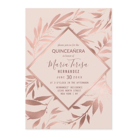 Elegant Rose Gold Pink Floral Leaves Quinceañera