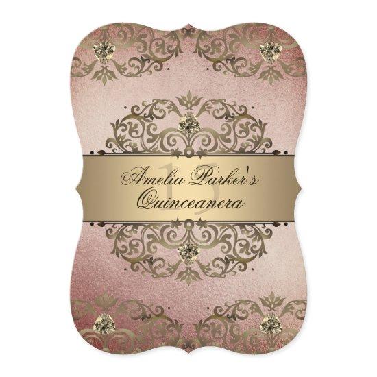 Elegant Rose Gold Vintage Damask Quinceanera