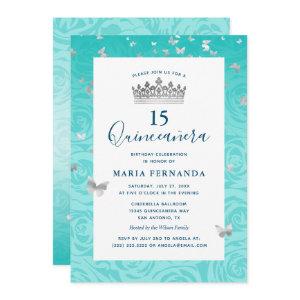 Elegant Rose Teal Silver Crown Floral Quinceanera