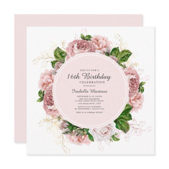 Elegant Roses Blush Pink Floral 16th Birthday