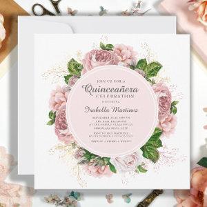 Elegant Roses Blush Pink Floral White Quinceañera