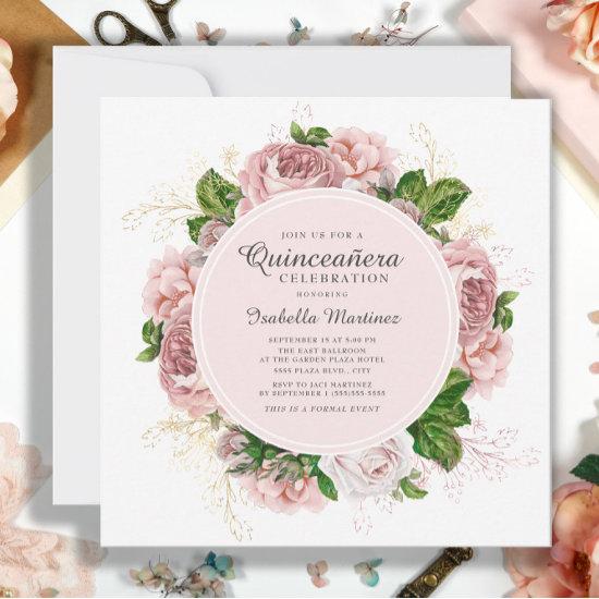 Elegant Roses Blush Pink Floral White Quinceañera