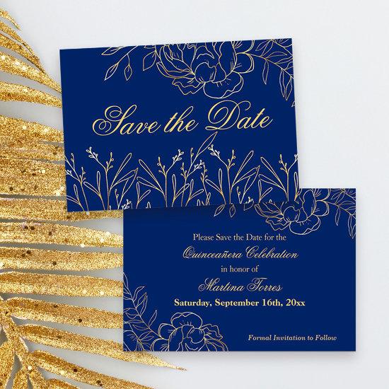 Elegant Royal Blue and Gold Fine Art Floral Save The Date
