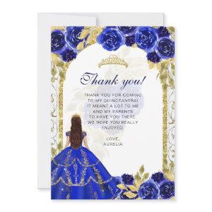 Elegant Royal Blue Floral Photo Quinceañera Thank You Card