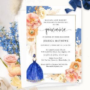 Elegant Royal Blue Floral Princess Quinceañera