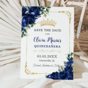 Elegant Royal Blue Flowers Gold Quinceañera 16th Save The Date