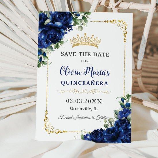 Elegant Royal Blue Flowers Gold Quinceañera 16th Save The Date