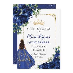 Elegant Royal Blue Flowers Princess Quinceañera  Save The Date