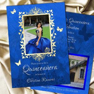 Elegant Royal Blue, Gold Butterflies Quinceanera Foil