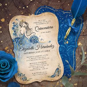 Elegant Royal Blue Gold Princess Quince Birthday