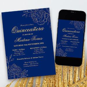 Elegant Royal Blue Gold Sketch Floral Quinceanera