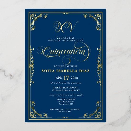 Elegant Royal Blue Quinceañera Gold or Silver Foil