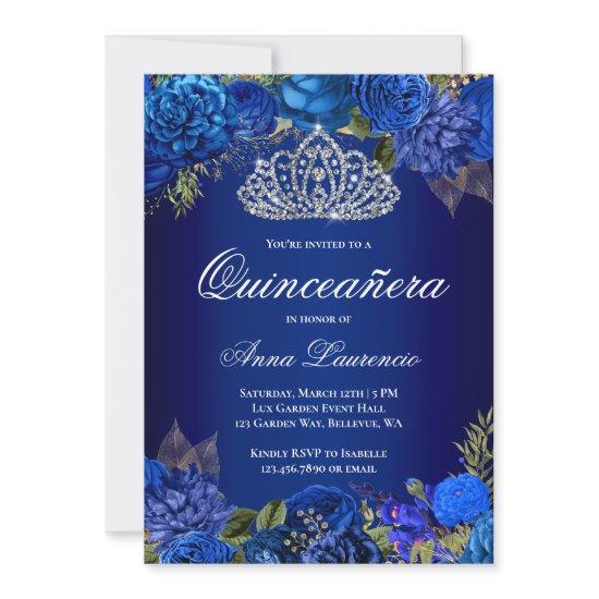 Elegant Royal Blue Roses Diamond Tiara Quinceanera
