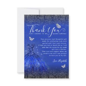 Elegant Royal Blue Silver Glitter Gown Quinceanera Thank You Card