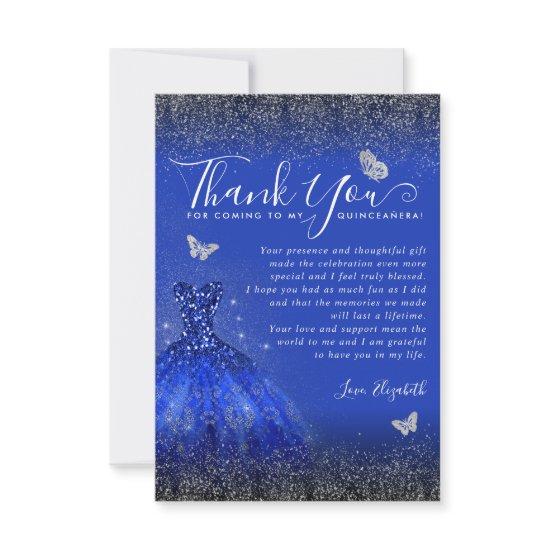 Elegant Royal Blue Silver Glitter Gown Quinceanera Thank You Card