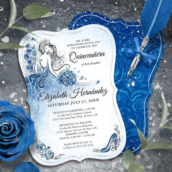 Elegant Royal Blue Silver Princess Quince Birthday