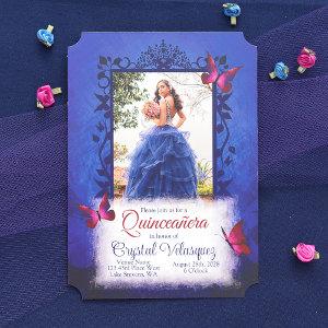 Elegant Royal Blue w/ Red Butterflies Quinceanera