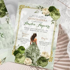 Elegant Royal Castle Gold Sage Green Quinceañera