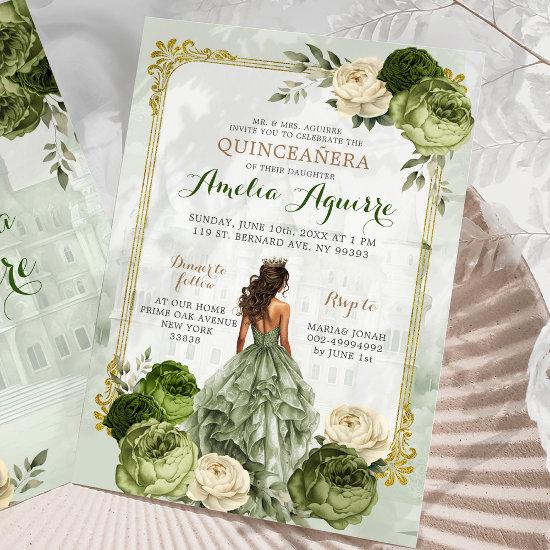 Elegant Royal Castle Gold Sage Green Quinceañera