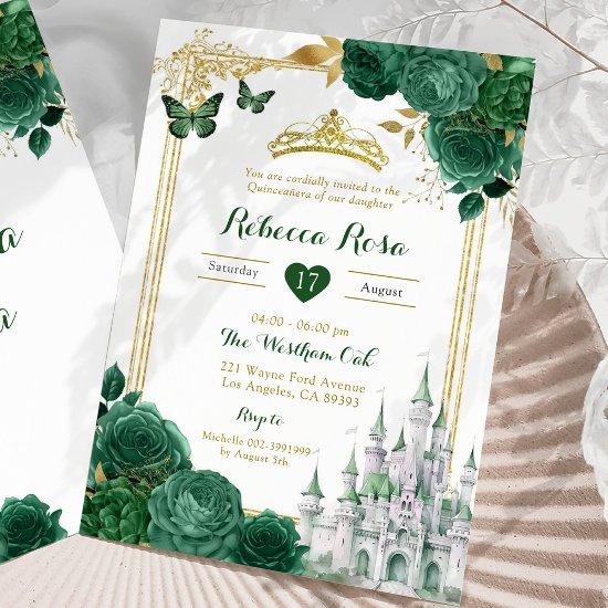 Elegant Royal Castle Green Floral Quinceañera