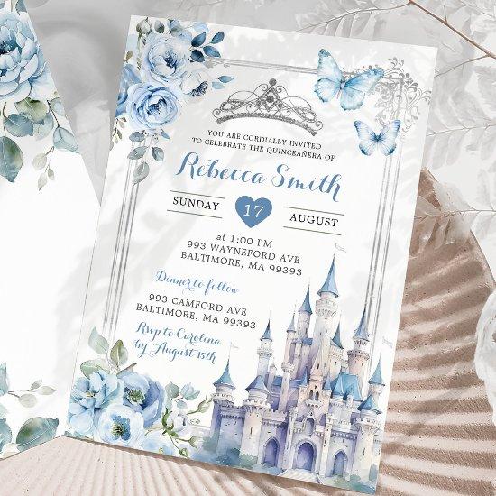 Elegant Royal Castle Silver Dusty Blue Quinceañera