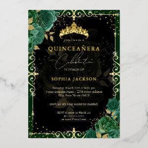 Elegant Royal Emerald Gold Rose Quinceanera Foil