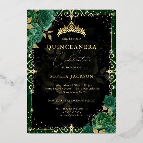 Elegant Royal Emerald Gold Rose Quinceanera Foil
