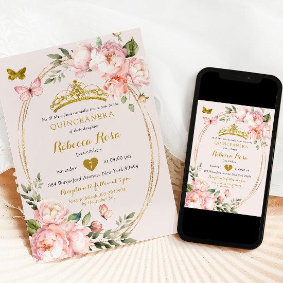 Elegant Royal Light Pink Gold Butterfly Mis Quince