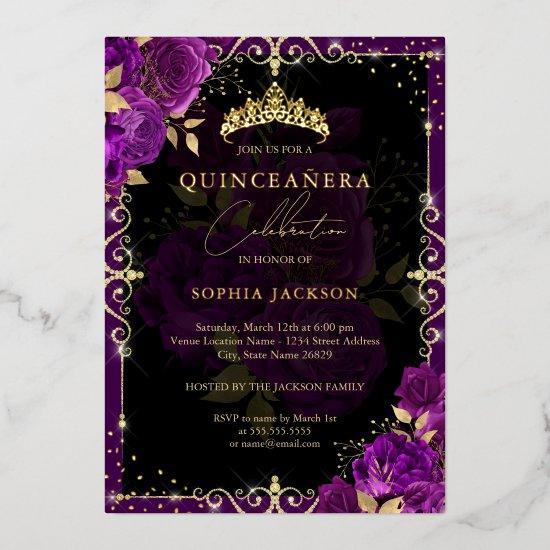 Elegant Royal Purple Gold Rose Quinceanera Foil