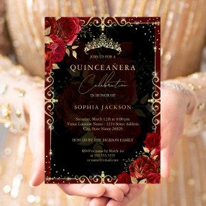 Elegant Royal Red Gold Rose Quinceanera Foil