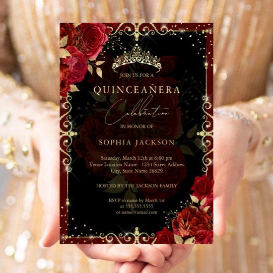 Elegant Royal Red Gold Rose Quinceanera Foil