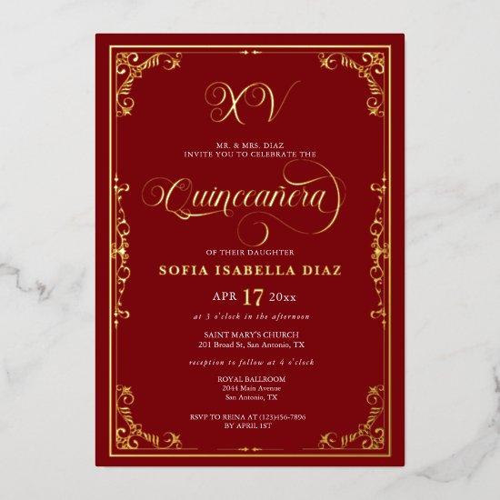 Elegant Royal Red Quinceañera Gold Foil  Foil