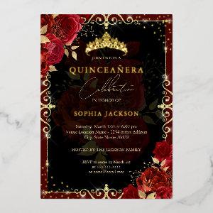 Elegant Royal Red Sparkle Gold Rose Quinceanera Foil