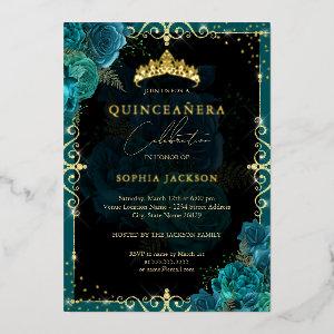Elegant Royal Teal Gold Rose Quinceanera Foil