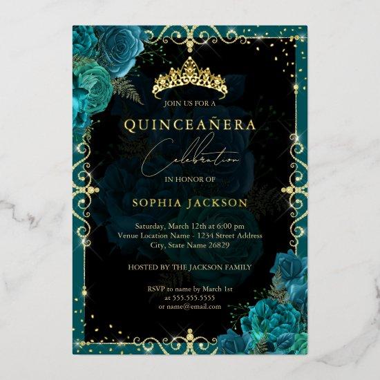Elegant Royal Teal Gold Rose Quinceanera Foil