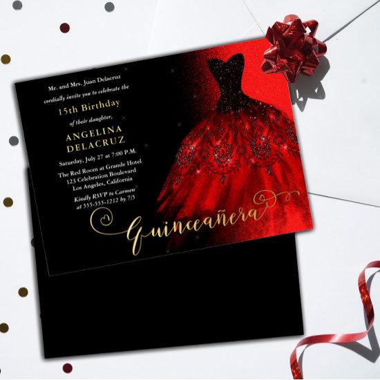 Elegant Ruby Red Spanish Gown Quinceañera - Gold  Foil