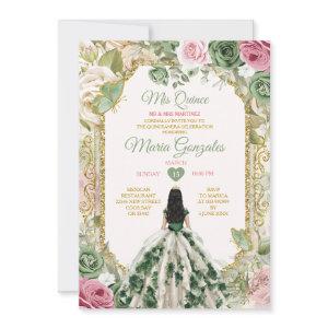 Elegant Sage Green Floral Princess Gold Mis Quince