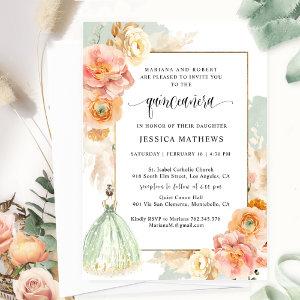 Elegant Sage Green Floral Princess Quinceañera