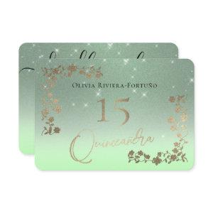 Elegant Sage Green Glitter Chic Floral Quinceanera RSVP Card