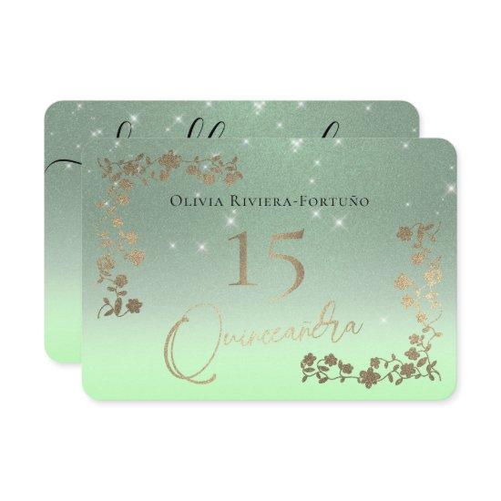Elegant Sage Green Glitter Chic Floral Quinceanera RSVP Card