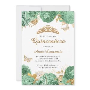 Elegant Sage Green Gold Floral Quinceanera