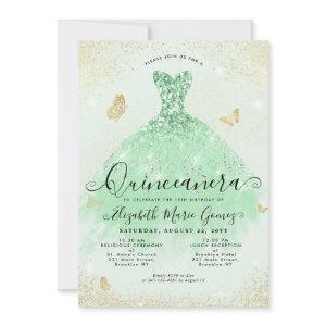 Elegant Sage Green Gold Glitter Gown Quinceanera